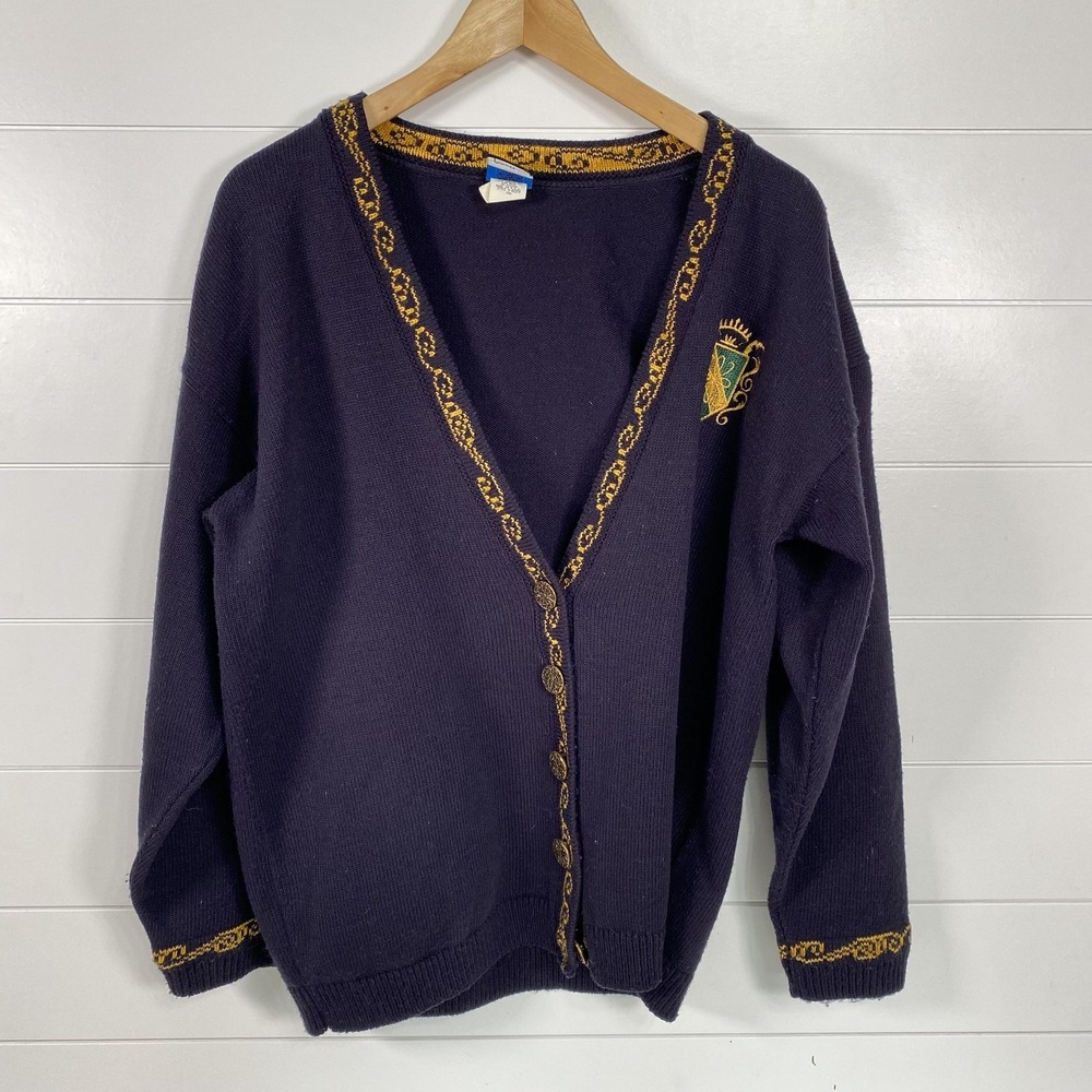 Vintage Panther Sweater Mens Large Navy Blue Gold Crest Cardigan Knit USA 90s
